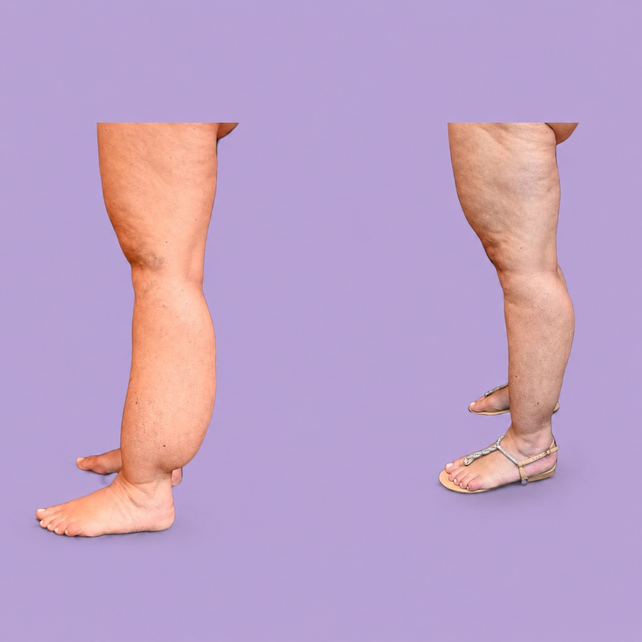 Lipedema grau III distal — vista lateral pré e pós-operatória
