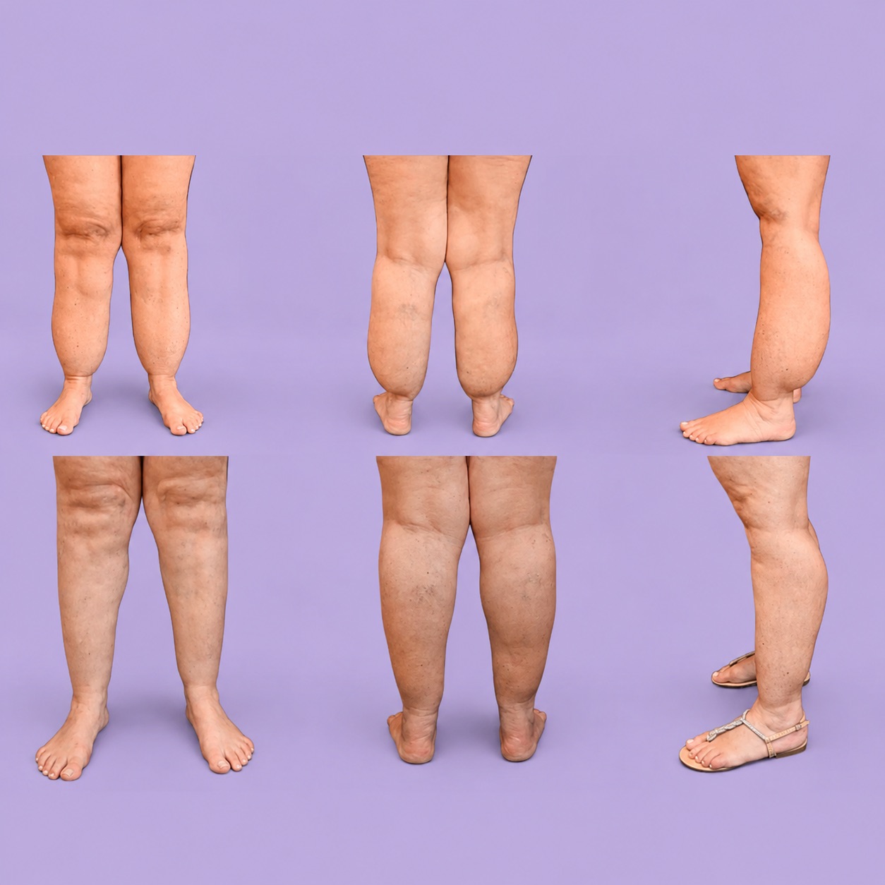 Lipedema grau III em perna distal — painel pré e pós