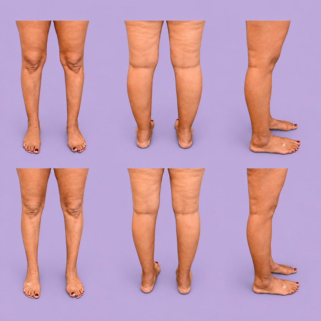 Lipedema grau 1 — painel com vistas frontal, posterior e lateral, pré e pós