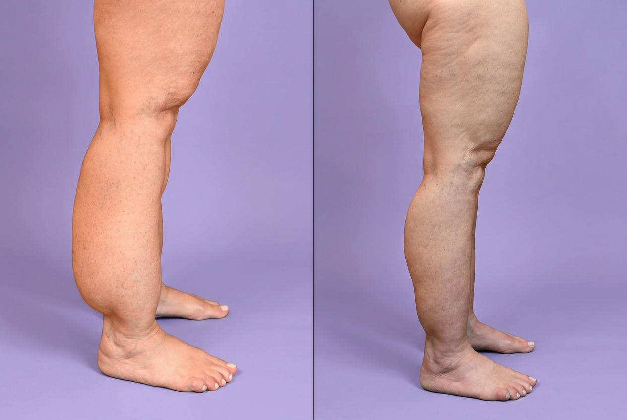 Comparativo pré e pós cirurgia de lipedema mostrando redução de volume e contorno das pernas