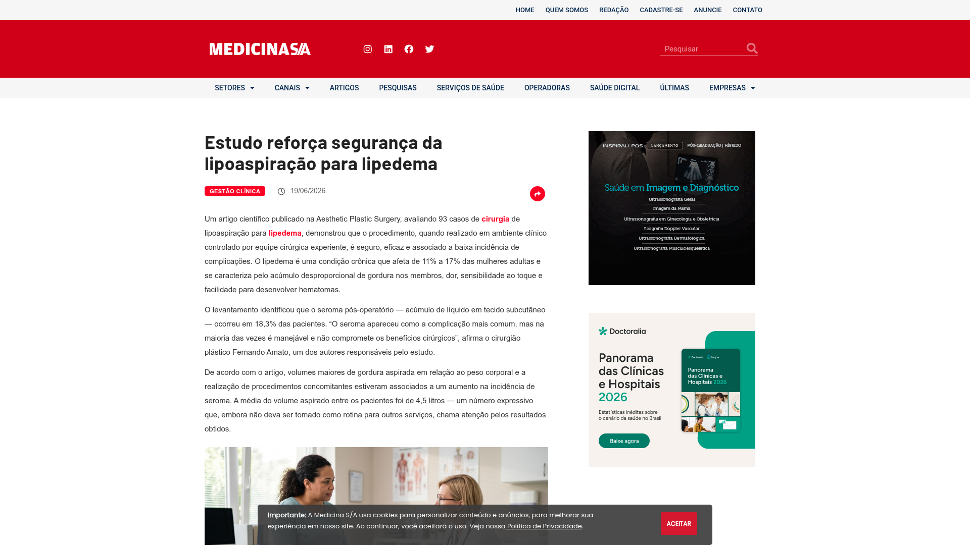 Print da matéria 'Estudo reforça segurança da lipoaspiração para lipedema' publicada na Medicina S/A